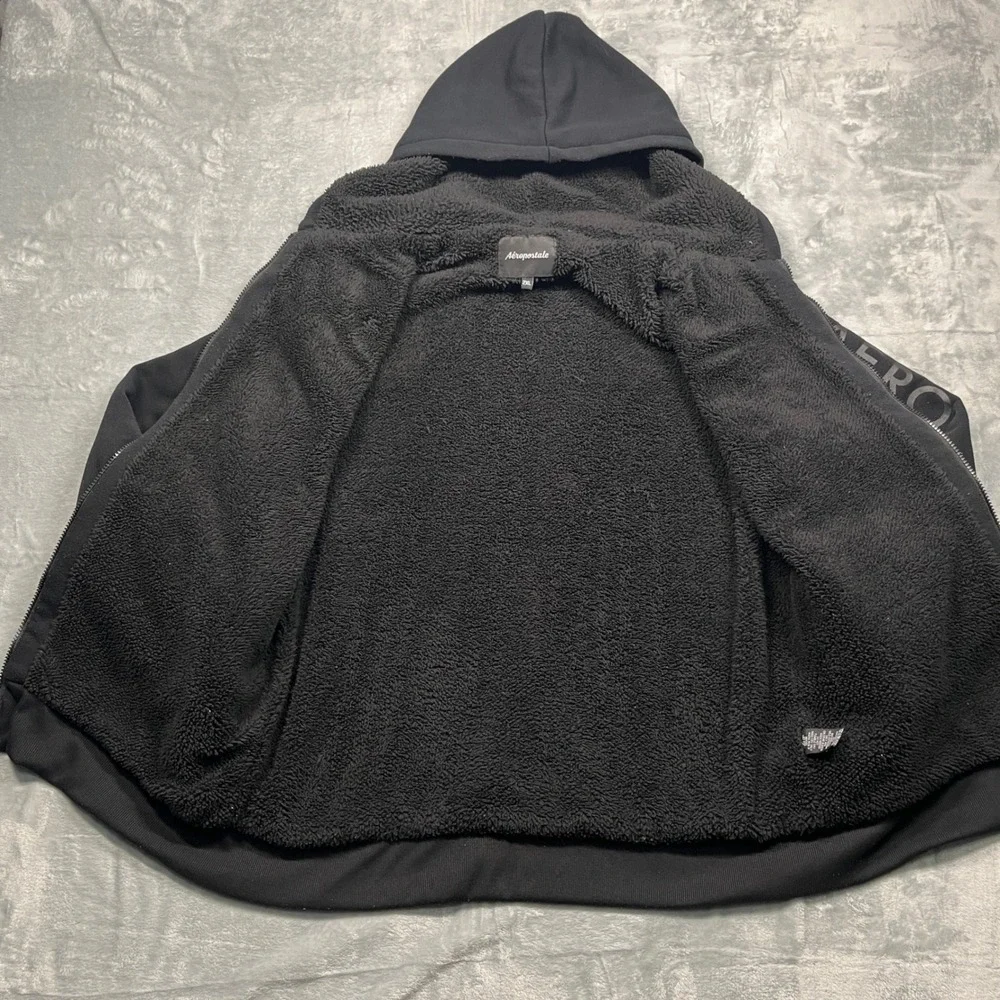 Aeropostale Full Zip Hoodie Mens 2XL Black Sherpa Lined NYC 1987 Graphic Jacket - Picture 5 of 15